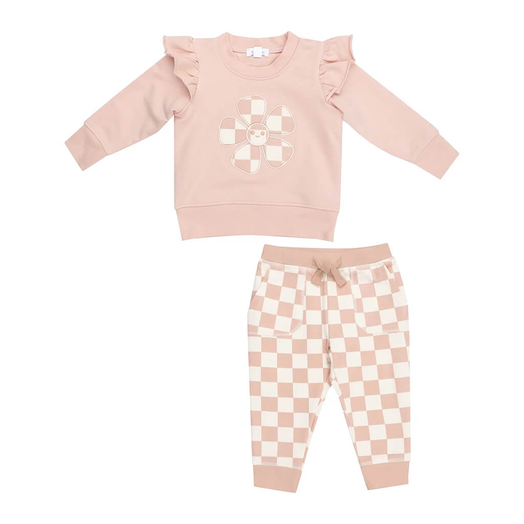 Angel Dear Ruffle Sweatshirt and Jogger Set Checkboard Pink