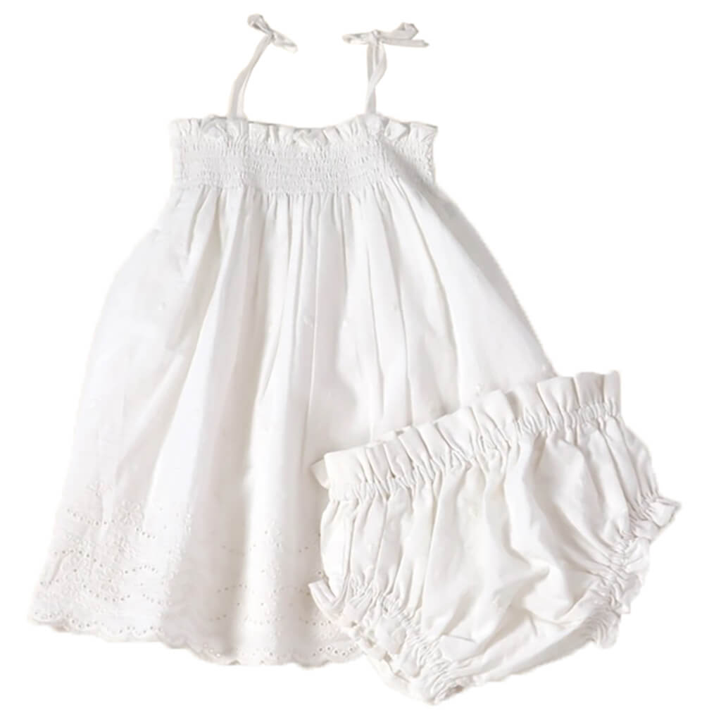 Camille Schiffli Smocked Baby Dress Set Off White