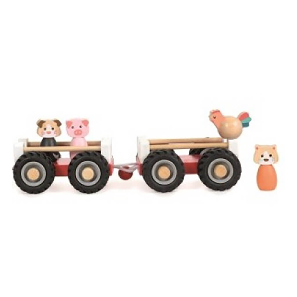 Wooden Farm Tractor with 2 Trailers Toy