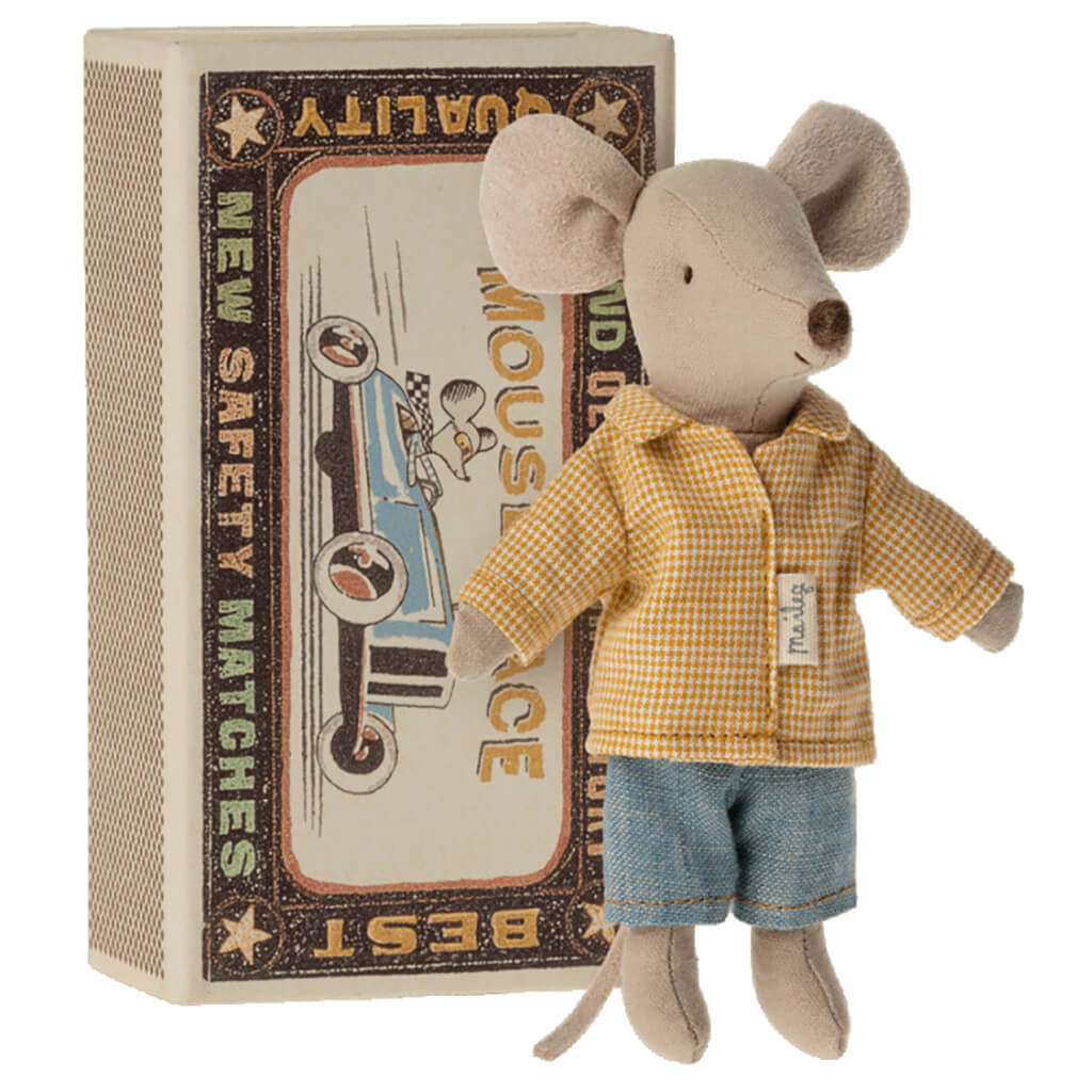 Maileg Big Brother Mouse Doll with Yellow Shirt in Matchbox