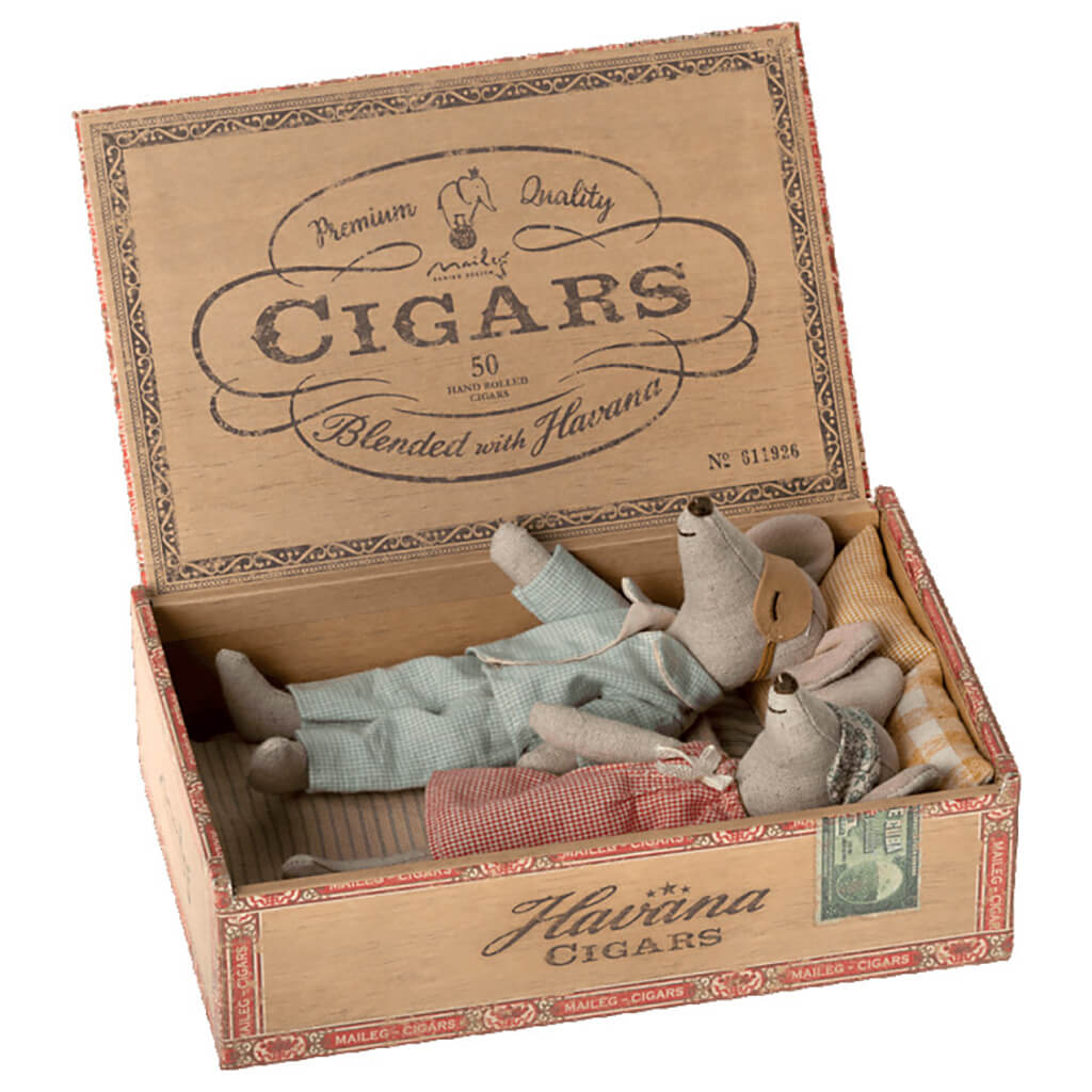 Maileg Mum and Dad Mice Doll in Cigar Box