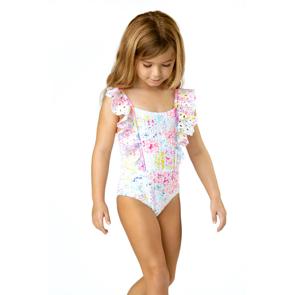 Ruffle Sleeve Swimsuit Floral Eyelet