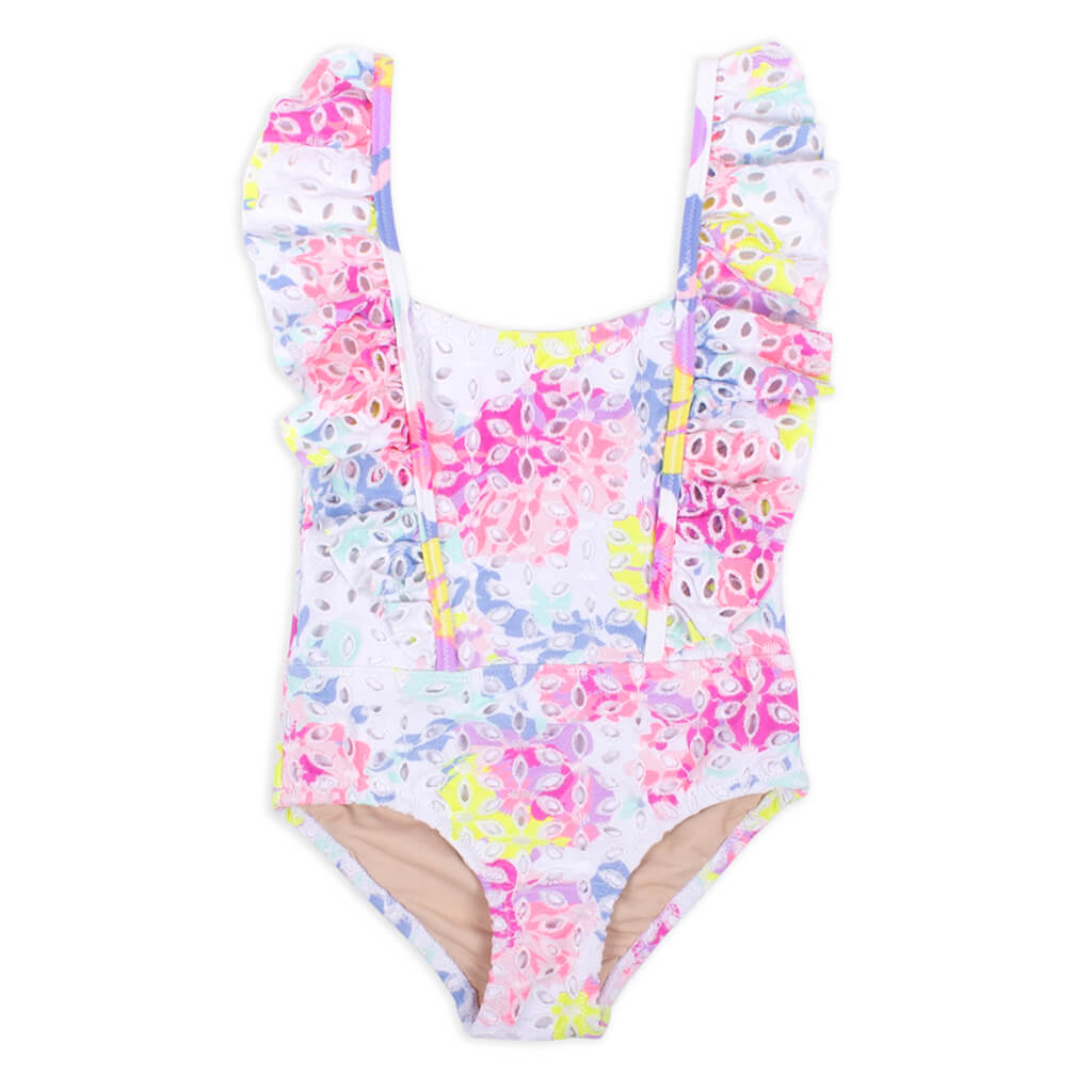 Ruffle Sleeve Swimsuit Floral Eyelet