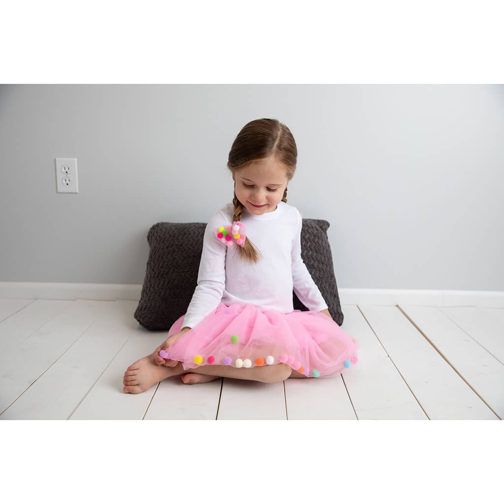 Pompom Tutu and Bow Hair Tie Set Pink