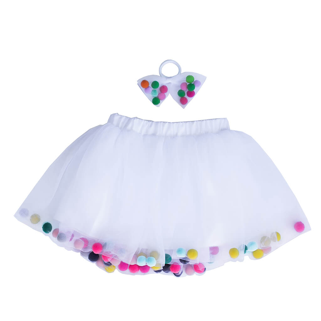 Pompom Tutu and Bow Hair Tie Set White